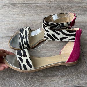 CHANII B Pony Hide Marionette Zebra Cow Print Fuchsia Flat Sandal